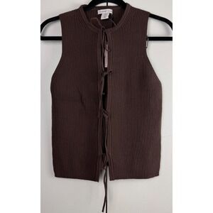 Sincerely Jules Brown Ribbed Lace Up Mock Neck Sleeveless Vest Top